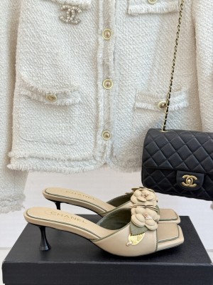 Chanel Camellia 5cm Heel Slides Mule Beige 2025 