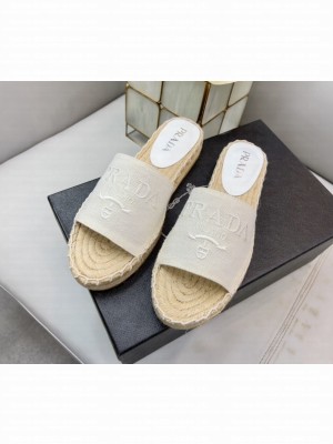 Prada Linen Logo  Embroidered Slides Espadrilles Flats 2022 Collection White