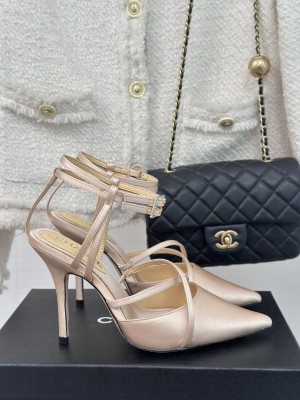 CHANEL CC Ankle Strap Silk 10cm Heel Pumps Sandals Beige