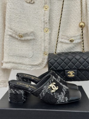 Chanel Tweed & Calfskin Heel Slide Mule White/Gray 2024