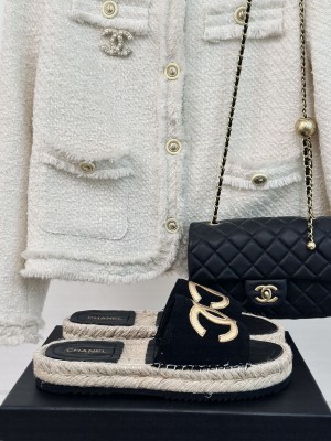 Chanel Canvas Espadrilles Slide Mules Black