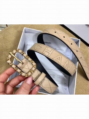 Chanel Width 2.5cm Chain Buckle Quilting Leather Belt Beige