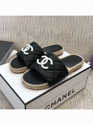 Chanel Quilted Lambskin Flat Espadrilles Slide Sandals Black Spring/Summer 2021 Collection