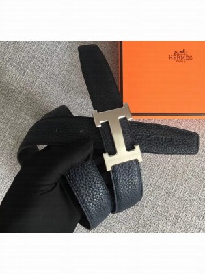Hermes Width 3.2cm Reversible Leather Constance H Buckle Belt Navy Blue/Silver