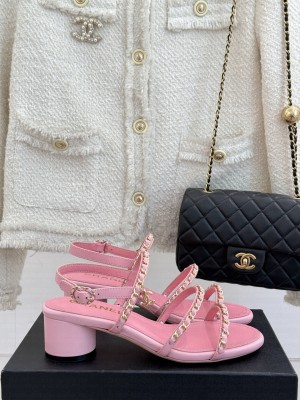 Chanel Lambskin Heel Sandals with Chain Strap Pink 2025 G45667