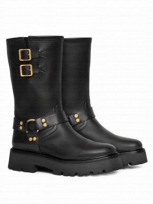 Celine Women's Bulky Mid Biker Boot With Harness In Calfskin Black