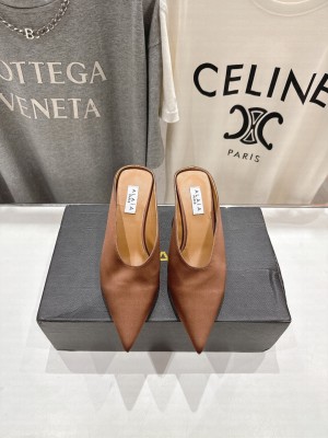 Alaïa CUBE WEDGE MULES IN SATIN BROWN