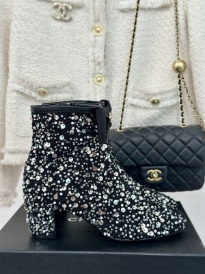 Chanel Sequin Beaded With Bow Booties Black 2024