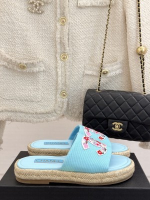 Chanel Canvas Embroidered CC Espadrilles Slide Mules Sky Blue 2025