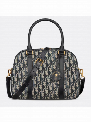 Large D-Vibe Bowling Bag Blue Dior Oblique Jacquard M1341UT