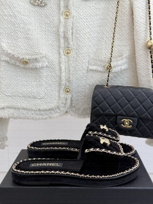 Chanel flat CC turn lock with chain slippers black velvet 2025