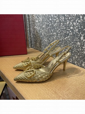 Valentino VLogo Slingback Pumps 8cm in Woven Leather Gold 2022 Collection