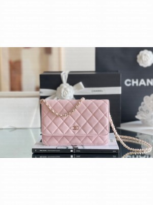 Chanel Grained Calfskin Classic Wallet on Chain WOC Pink/Light Gold 2024 Top Quality