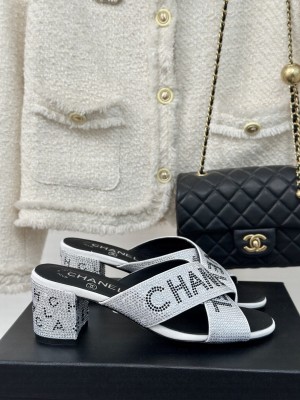 Chanel 4cm Rhinestone Letter Cross Strap Slide Mule Silver 02