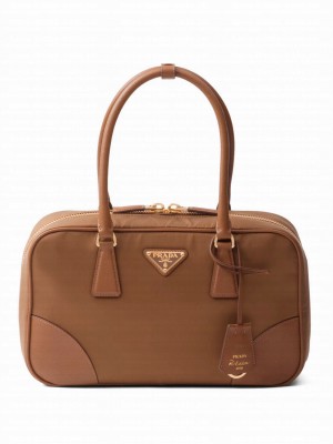 Prada Fever-Edition recycled nylon and Safiano leather double handle bag Coffee
