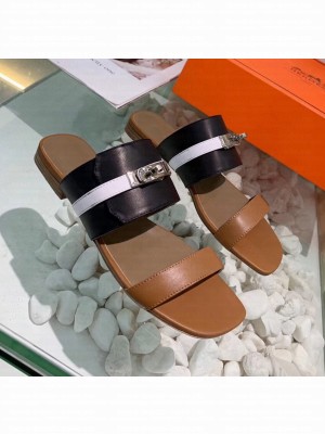 Hermes Calfskin Avenue Sandal Black/Brown/White 2020 Collection