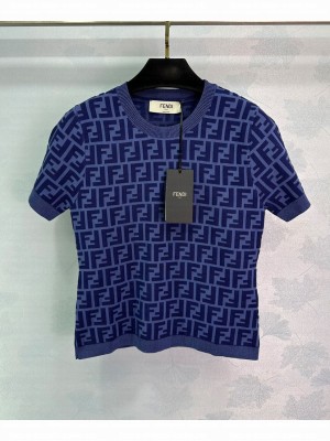 Fendi Women's FF Jacquard Knit Short Sleeves Blue