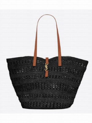 SAINT LAURENT PANIER MEDIUM BAG IN CROCHET RAFFIA AND SMOOTH LEATHER 688221 NOIR