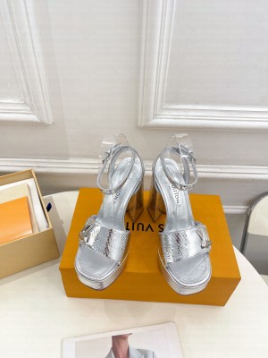 Louis Vuitton Shake Platform Sandals 12cm in Snakeskin Embossed Leather Silver 2024