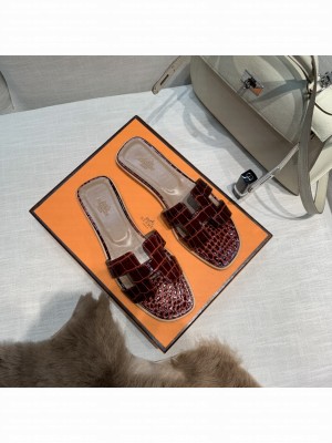 Hermes Oran Flat slippers with Stone pattern Burgandy 078 2021 Collection