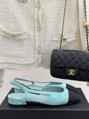 Chanel Slingback 7cm Suede Goatskin & Grosgrain Flat Blue G31319 2025