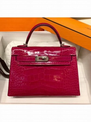 Hermes Mini Kelly II Handbag in Glossy Real Alligator Leather Rosy (Handmade) Collection