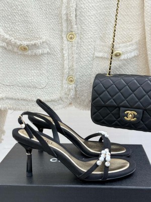 Chanel Vintage Canvas Heel Sandals 7.5cm with Pearls Black 2025