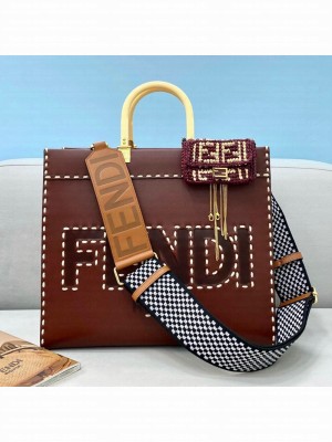 Fendi Sunshine Stitching Leather Medium Shopper Tote Bag Brown  2021 Collection