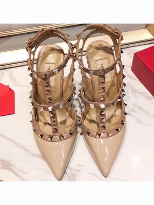 Valentino Heel 9.5cm Rockstud Caged Pumps in Patent Leather Nude