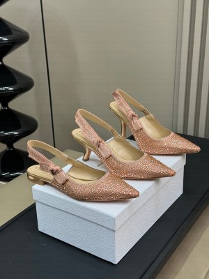 Dior J'Adior Slingback 6.5cm/9.5cm Pump & Flat Embroidered Cotton and Pink Resin Pearls 