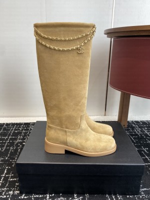 Chanel Suede with Dropped Chain High Boots Beige
