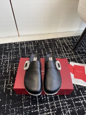 Roger Vivier Viv' Strass Buckle Mules in Calfskin Leather Black 