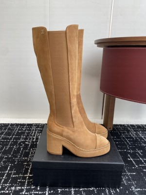 Chanel Suede Heel Platform with Chain Beige High Boots