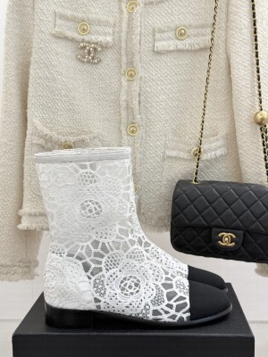 Chanel Lace Flat Ankle Boots White 2025 