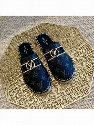 Louis Vuitton Monogram Canvas Espadrille Flat Mules with Rectangle LV Buckle Black 2021 Collection