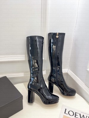 Chanel Patent Leather Heel 8cm platform 2cm Heel High Boots Black