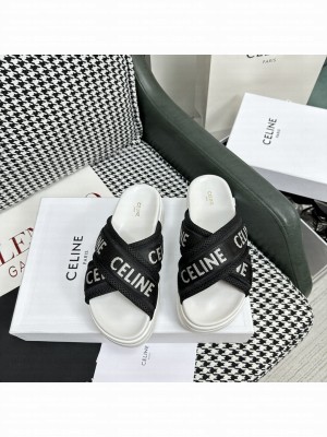 CELINE BLOCK 6CM PLATFORM SLIDE IN MESH & TEXTILE WITH CELINE JACQUARD WHITE,BLACK 04