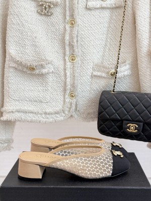 Chanel Mesh with Rhinestones CC Logo Thick heel Slide Beige 2025 