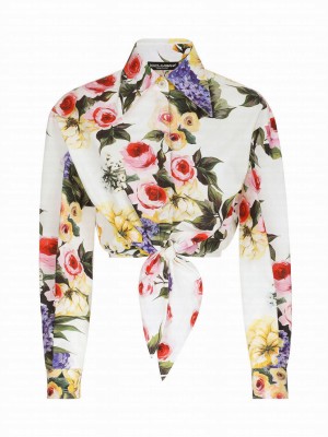 Dolce & Gabbana Women's Giardino Print Cotton Bow Shirt Polychrome