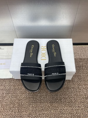 Dior Dway Slide Black Calfskin and Embroidered Cotton With Pearls Flat 2025