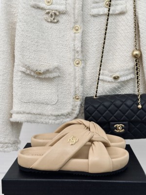 Chanel calfskin Cross Flat Slide Beige