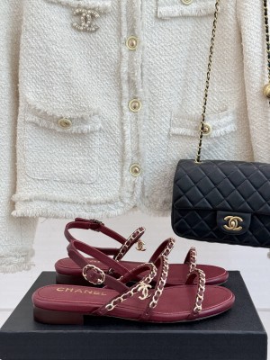 Chanel Lambskin Flat Sandals with Chain Strap burgundy 2025 G45667