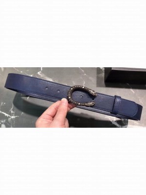 Gucci Width 3.5cm Leather Belt Navy Blue with Dionysus Stud Buckle
