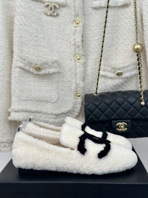 Chanel Women's CC Logo Shearling Fur Moccasins Loafer White 2024