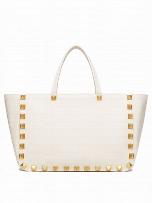 Valentino Roman Stud Grainy Calfskin Tote Bag White