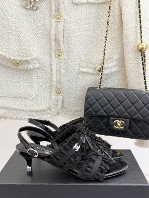Chanel Fabric Trim Bow Heel 5cm Sandals 2025 Black