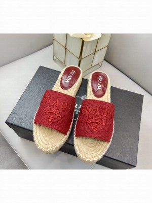 Prada Linen Logo  Embroidered Slides Espadrilles Flats 2022 Collection Red