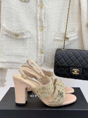 Chanel Leather & metal Chain CC Logo 9cm Sandals Beige 2025