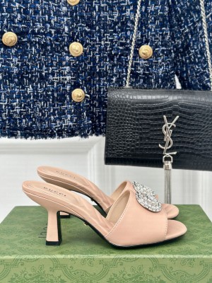 Gucci Women's Calfskin 7cm Crystals Double G Mule Slide Sandals Light Pink
