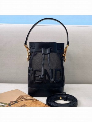 Fendi Mon Tresor Mini Bucket Bag in Black Leather and Mesh  2021 Collection